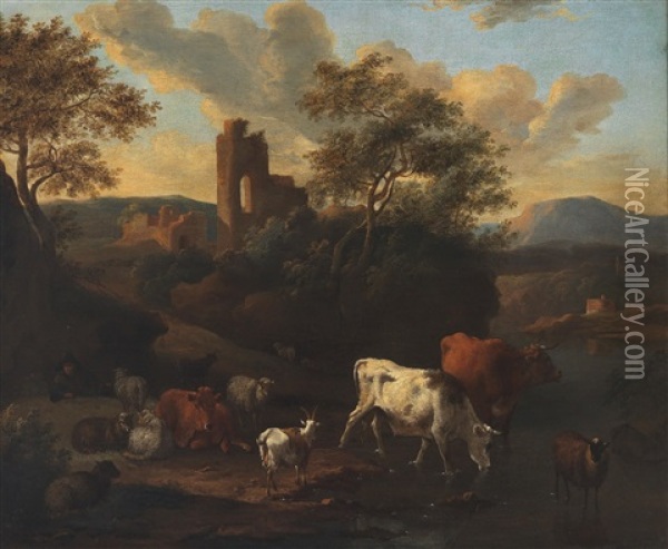 A Southern Landscape With Grazing Cattle Oil Painting - Michiel Carree