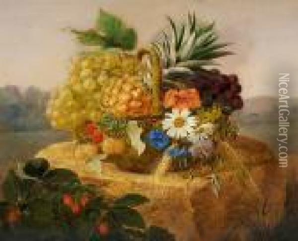 A Basket With Grapes, Pineapple And Wild Flowers On A Stone Oil Painting - Johan Laurentz Jensen