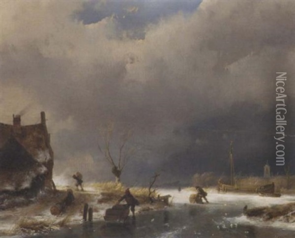 A Winter's Day: Skaters With Sledges On A Frozen Waterway By A Cottage Oil Painting - Andreas Schelfhout