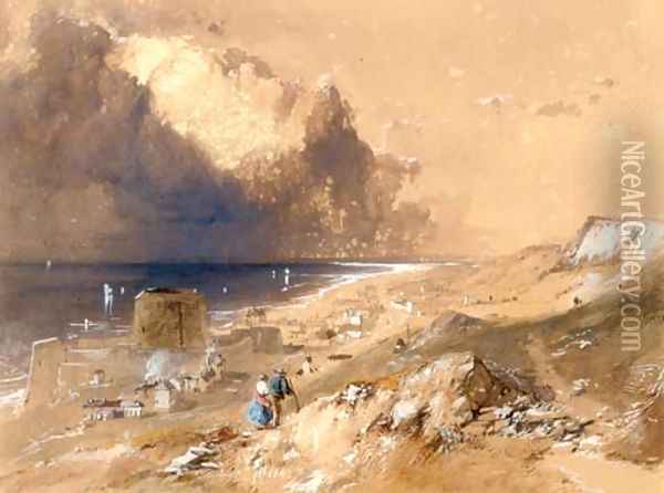 Figures walking on the cliffs above Sandgate, Kent Oil Painting - James Baker Pyne