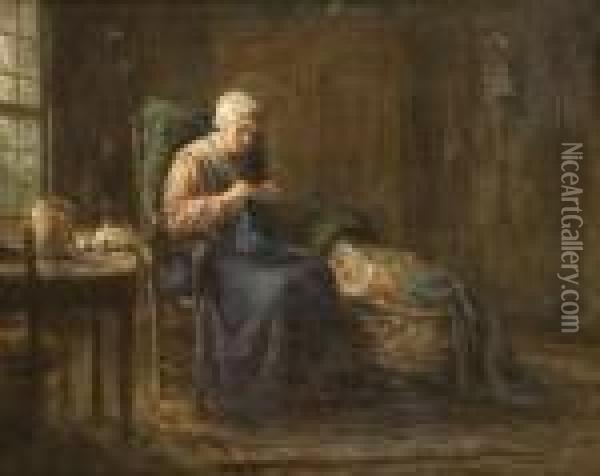 Mother Knitting With Baby At Her Side Oil Painting - Jozef Israels