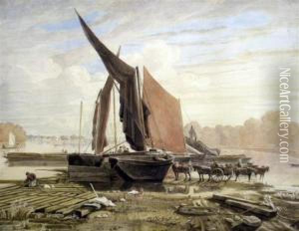 Loading Barges On The Thames Oil Painting - George Jnr Barrett