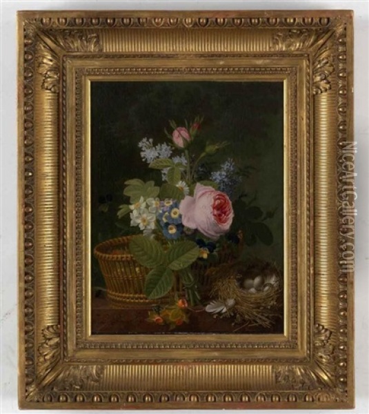 Still-life With A Bouquet Of Flowers And A Bird's Nest With Eggs Oil Painting - Jean Louis Prevost