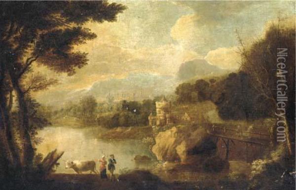 An Italianate Landscape With Figures And Cattle By A River, A Castle Beyond Oil Painting - Johann Christian Vollerdt or Vollaert