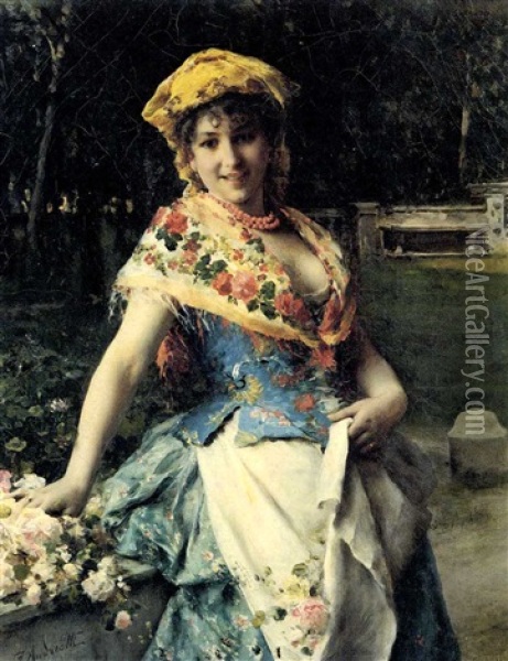 Young Beauty With A Apron Filled With Flowers Oil Painting - Federico Andreotti