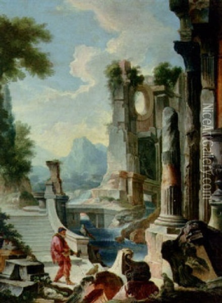 Klassiske Ruiner I Landskab Med Gaende Mand I Forgrunden Oil Painting - Leonardo Coccorante