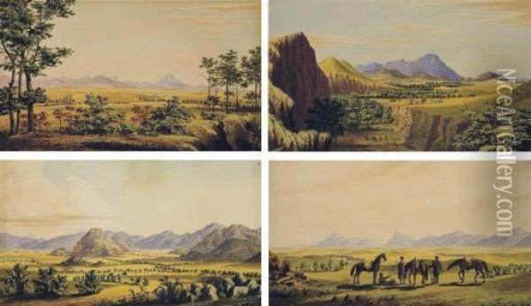 The Witchita Mountains. View Northward From The Lower Valley Of Cache Creek; The Witchita Mountains. Central Portion Of Range From The Limestone Hills Near Walnut Spring; The Witchita Mountains. Between Lat. 34 30' And 35 North, Long. 99 And 100 West Of G Oil Painting - Anton Schonborn