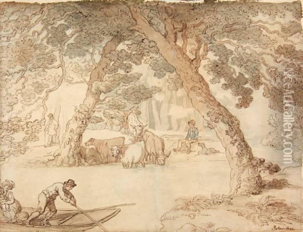A Tranquil River Scene With A Lady And Her Child In A Punt Oil Painting - Thomas Rowlandson