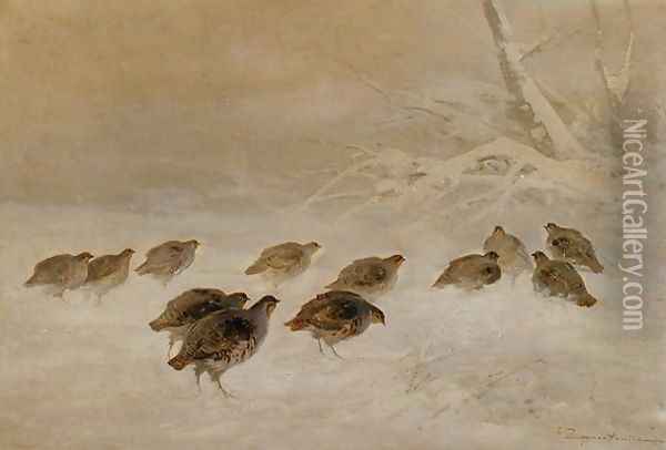 Partridges in the Snow, c.1930 Oil Painting - Ignacy (Czeslaw Wasilewski) Zygmuntowicz