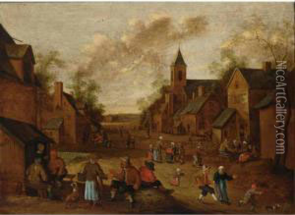 A Village Street With Peasants 
Conversing And Drinking Near An Inn, A Church To The Right Oil Painting - Cornelius Droochsloot