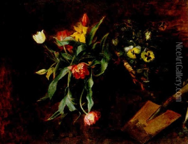Corbeilles De Tulipes Et De Pensees Oil Painting - Jeanne Guerard-Gonzales
