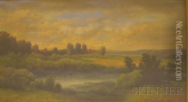 Water Meadow At Sunset. Oil Painting - Charles Highwood