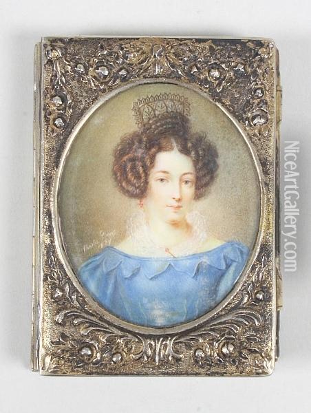 A Lady, Bust Length, Wearing A Blue Dress With White Lace Collar And A Tortoiseshell Comb In Her Brown Curled Hair Oil Painting - Pierre Charles Coqueret