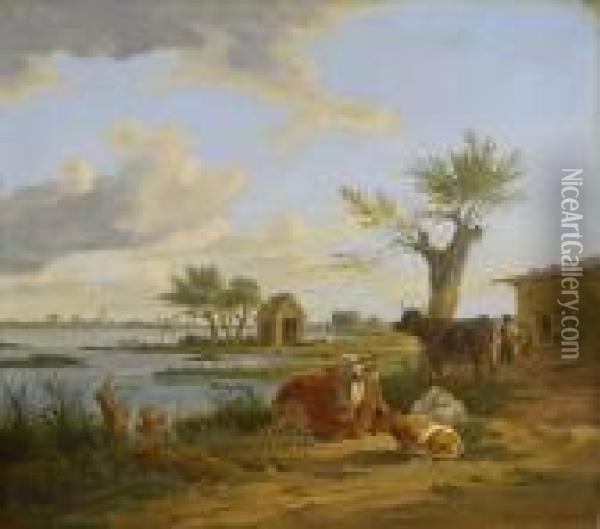 Zwei Kuhe Mit Kalb Und Einem Schaf Am Ufer. Oil Painting - Max Joseph Wagenbauer