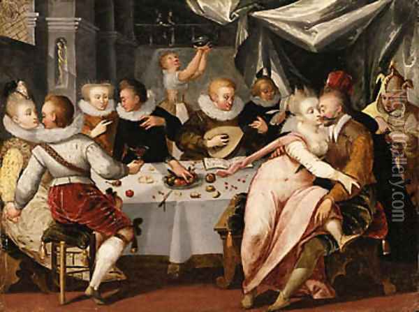 A Merry Company at a Banquet in a Palatial Interior Oil Painting - Franco-Flemish School