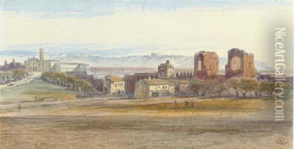St John Lateran And The Claudian Aqueduct, Rome, Italy Oil Painting - Edward Lear