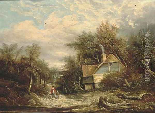 Figures by a cottage, in a woodland landscape Oil Painting - Edward Williams