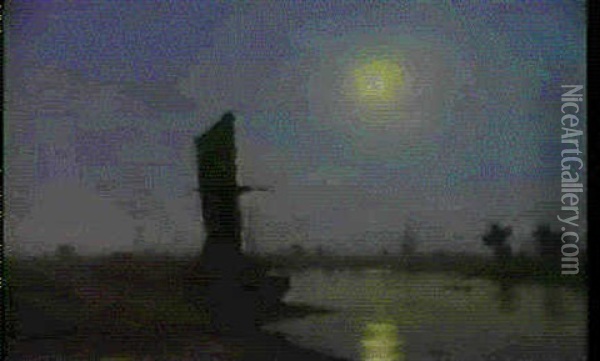 River Scene, Rouen, Moonlight & Figures On A     Track By Moonlight, A Windmill Beyond Oil Painting - Frederick William Meyer