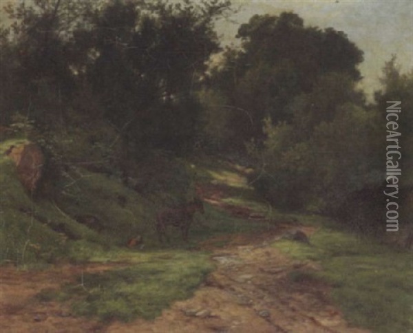 Donkey On A Forest Pathway Oil Painting - James M. Robert Greenlees