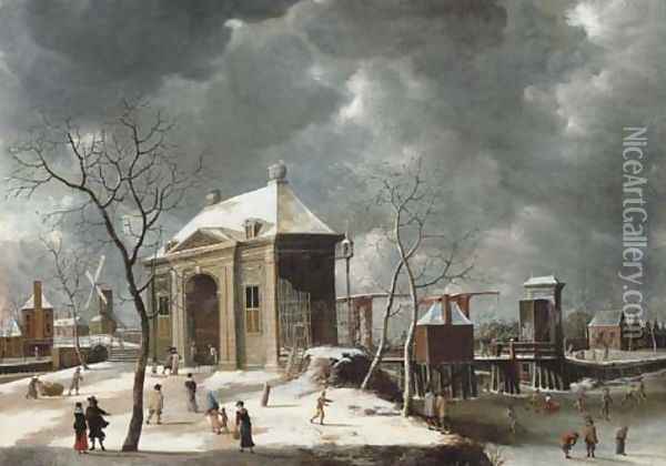 The Heiligewegspoort, from The north-west, with skaters on the frozen canal Oil Painting - Abraham Beerstraten