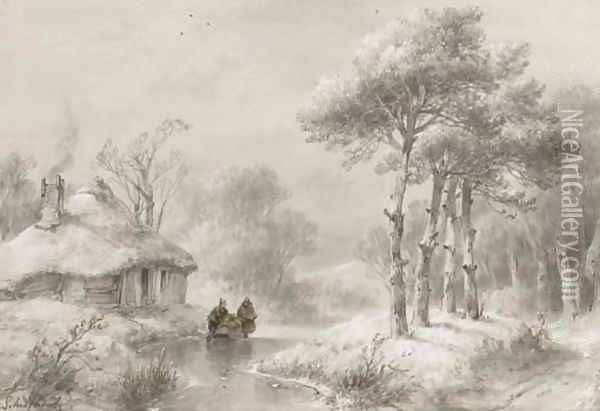 A wooded winter landscape with figures by a cottage Oil Painting - Andreas Schelfhout