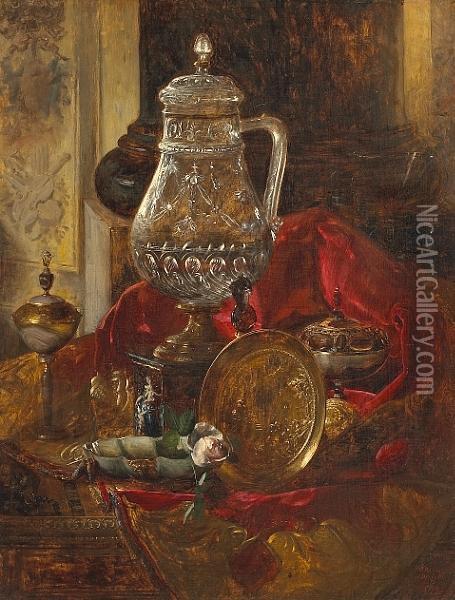 A Still Life With A Crystal Tankard And Otherprecious Objects Arranged On A Draped Cloth Oil Painting - Blaise Alexandre Desgoffe