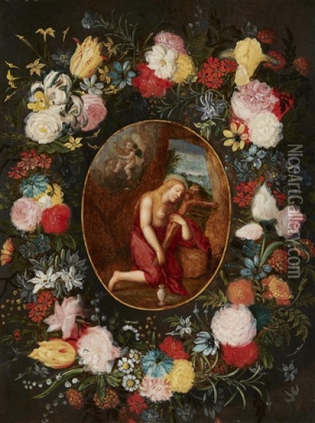 The Penitent Mary Magdalene Within A Floral Garland Oil Painting - Jan Brueghel the Younger