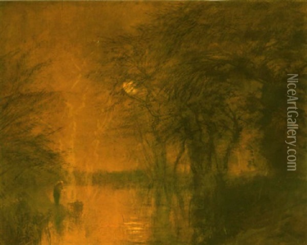 Lidercfenyek Teliholdnal (nightfire At Full Moon) Oil Painting - Laszlo Mednyanszky