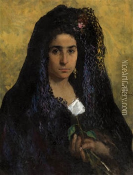 Dama Con Mantilla Oil Painting - Joaquin Agrasot y Juan