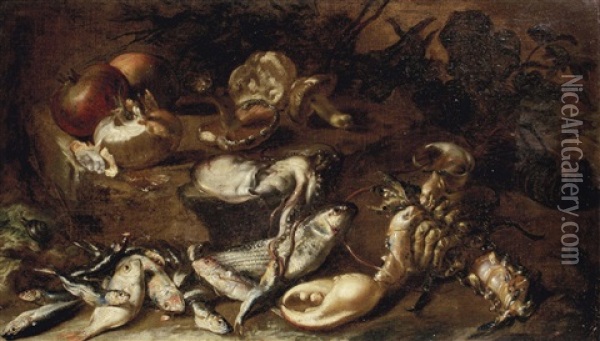 Fish, Lobsters, Squid, A Snail, Onion, Pomegranates And Mushrooms On A Rocky Shore Oil Painting - Giuseppe Recco