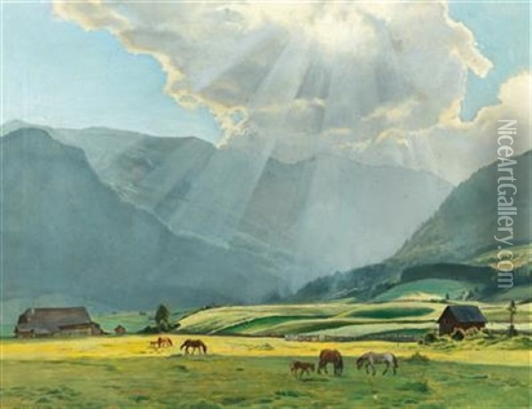 Grazing Horses In A Summer Landscape Oil Painting - Hans Frank