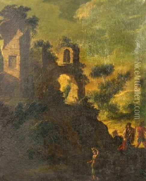 Pastoral Landscape With Figures And Ruins Oil Painting - Francesco Zuccarelli