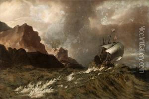 Hans Krets Hollandskflaggat Skepp I Storm Oil Painting - Matthieu Van Plattenberg
