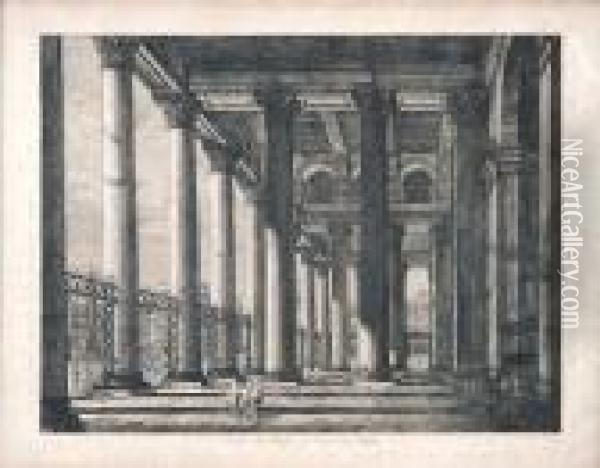 Veduta Dell'interno Del Pronao Del Pantheon Oil Painting - Luigi Rossini