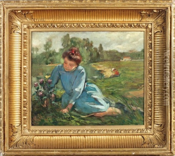 Jeune Femme Cueillant Des Fleurs En Bord De Riviere Oil Painting - Victor Marec