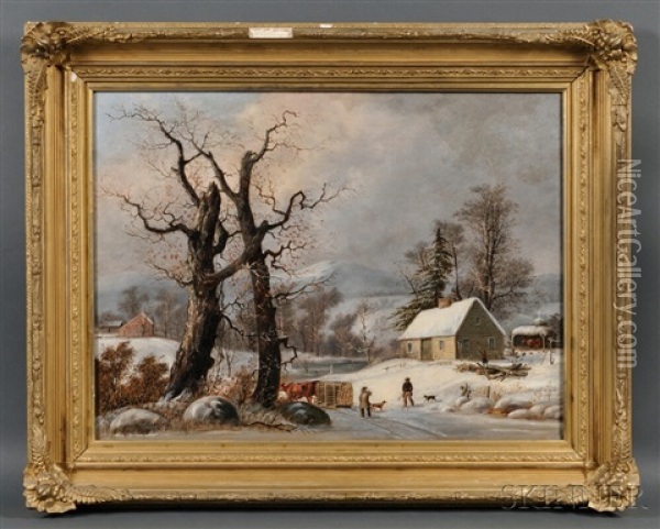Winter Landscape With Cottage, Figures, And Logging Oil Painting - George Henry Durrie