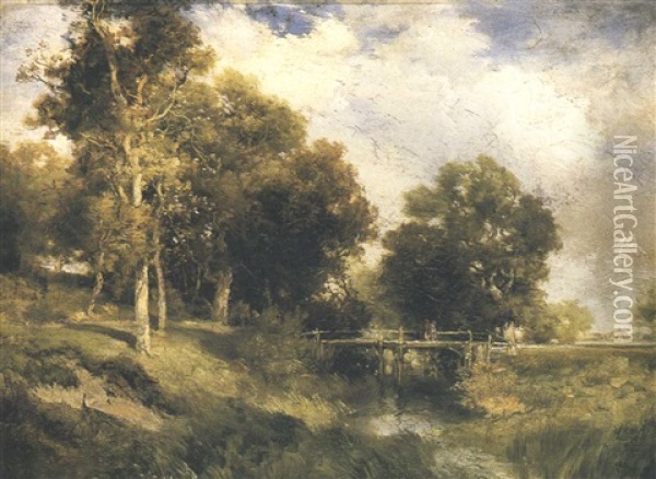 A Rustic Bridge- Easthampton Oil Painting - Thomas Moran
