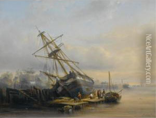 Figures At Work In A Harbour Oil Painting - Hendrik Adolf Schaep