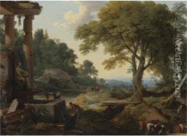 Landscape With Two Women At A 
Fountain, A Herd Of Cows At A Streamand Travellers On Horseback Oil Painting - Laurent De La Hyre