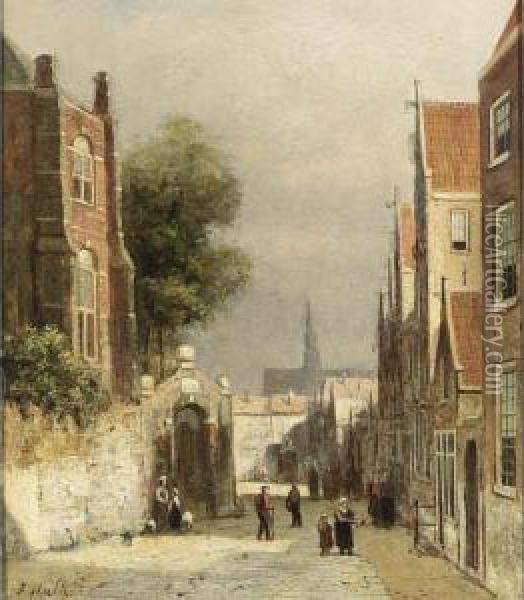 A Street Scene In Haarlem, The St Bavo Church In The Background Oil Painting - Johannes Frederik Hulk, Snr.