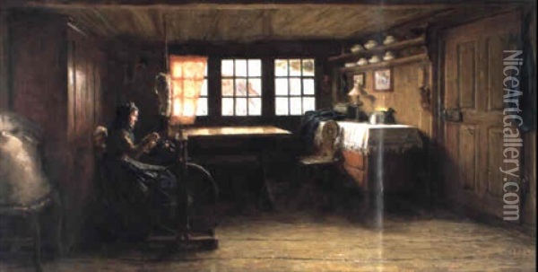 Bauernstube Mit Frau Am Spinnrad Oil Painting - Albert Anker