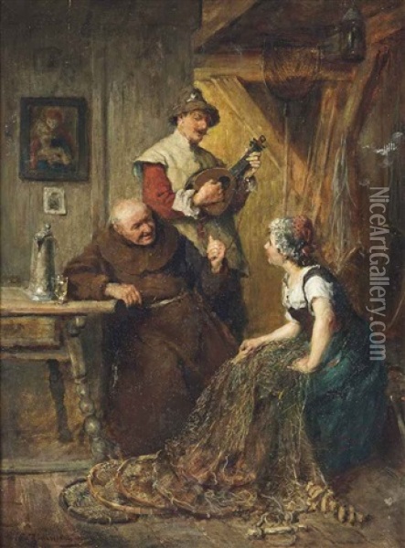 A Melody Whilst Mending The Nets Oil Painting - Ernst Karl Georg Zimmermann