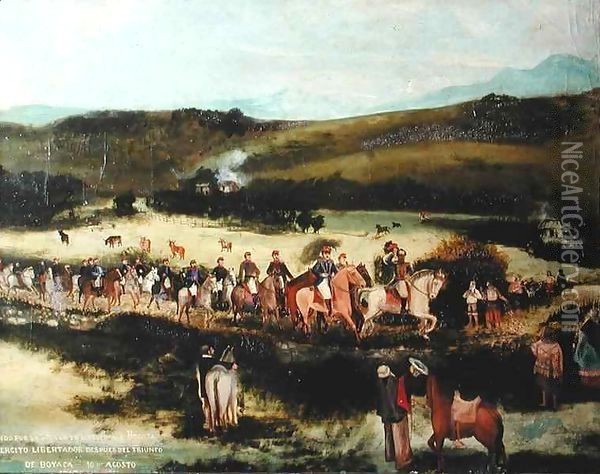 Simon Bolivar (1783-1830) and Francisco de Paula Santander (1792-1840) travelling to Bogota with the army of the 'Libertador' after the victory of Boyaca Oil Painting - Francisco de Paula Alvarez