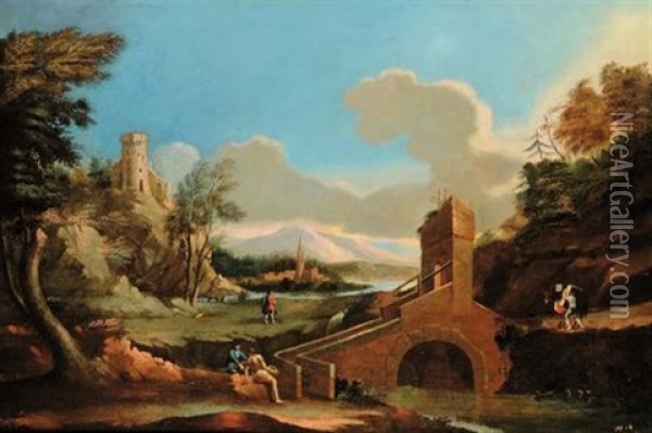 Paesaggio Con Figure, Case A Cascate (+ Paesaggio Con Figure, Case A Cascate; Pair) Oil Painting - Marco Ricci