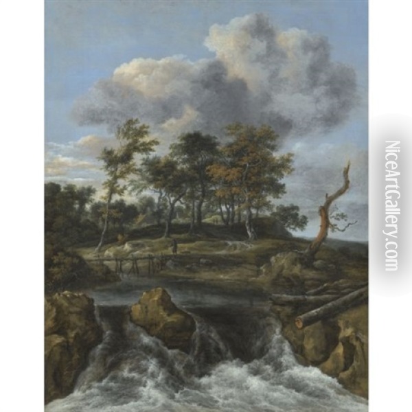 A River Landscape With A Man Crossing A Bridge Above A Waterfall, A Stand Of Oaks Beyond Oil Painting - Jacob Van Ruisdael