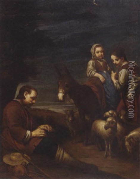 A Shepherd, Shepherdess And Child With A Flock Of Sheep Oil Painting - Giuseppe Maria Crespi