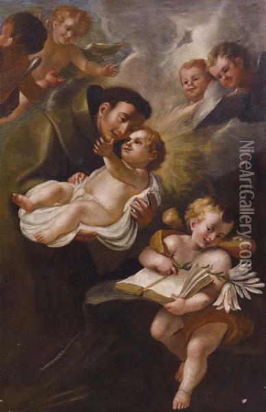 Sant'antonio E Il Bambin Gesu Conangioletti E Cherubini Oil Painting - Stefano Maria Legnani