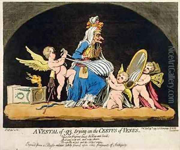 A Vestal of 93 trying on the Cestus of Venus Oil Painting - James Gillray