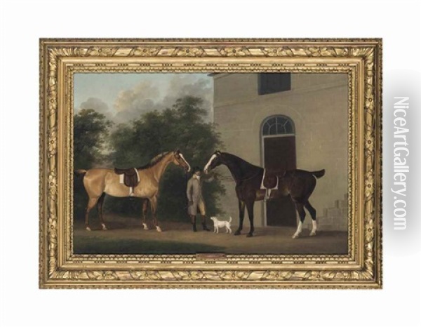 A Gentleman With Two Hunters And A Terrier, Outside A House Oil Painting - John Nost Sartorius