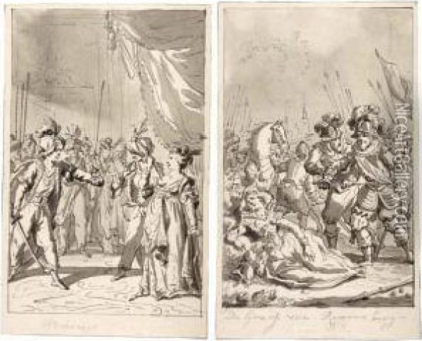 Two Theatrical Illustrations: A) De Graaf Van Rennenberg, B) Palmira Stabbing Herself With The Knife Of Seid Oil Painting - Reinier Vinkeles